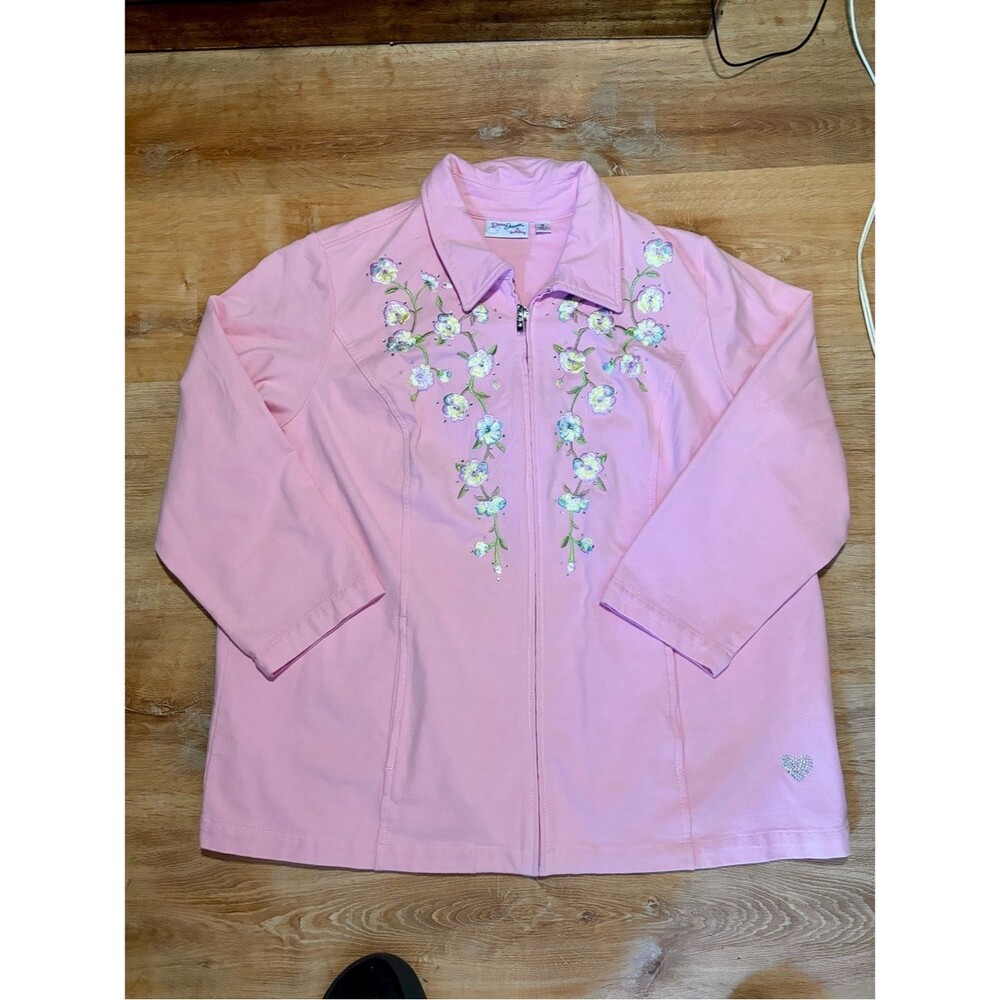 Quacker Factory Pink Embroidered Floral Rhinestone Heart Teddy Jacket